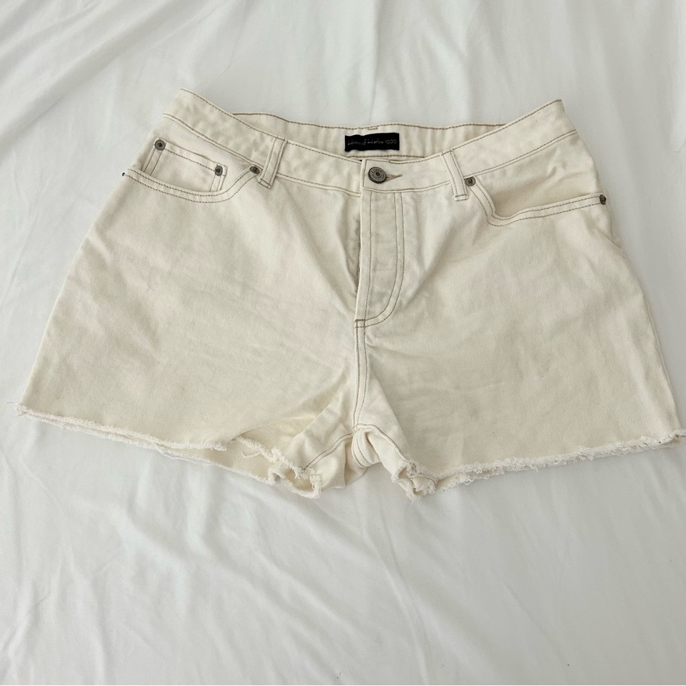 House of Harlow 1960 Cream Denim Hi-Rise Cutoff Mom Shorts